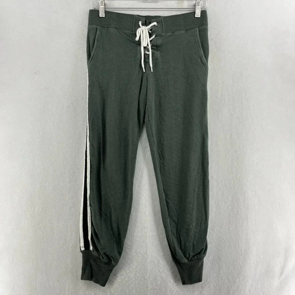 Monrow Sweatpants Women's Sz XS Green Striped Lace Up Elastic Waist Tapered - Picture 1 of 12